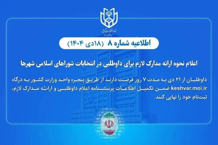 اطلاعیه شماره ۸ ستاد انتخابات کشور: اعلام نحوه ارائه مدارک لازم برای داوطلبی در انتخابات شوراهای اسلامی شهرها